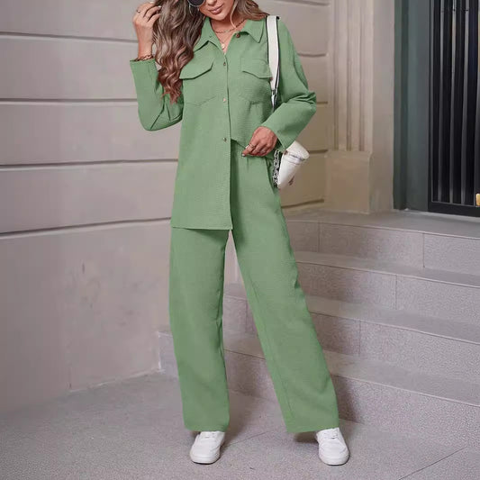 Conjunto de dos piezas de camisa y pantalones de solapa de manga larga de color liso informal para mujer