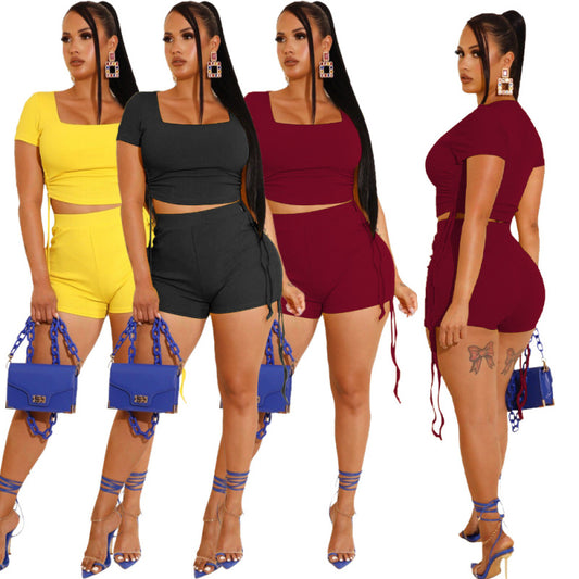 Women Solid Color Drawstring Casual Top And Shorts Two Pieces Set