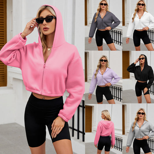 Sudadera con capucha y cremallera de manga larga de color liso informal para mujer de otoño e invierno