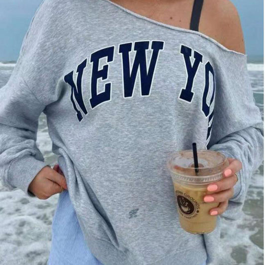 Sudadera informal holgada con estampado de letras y hombros descubiertos para mujer