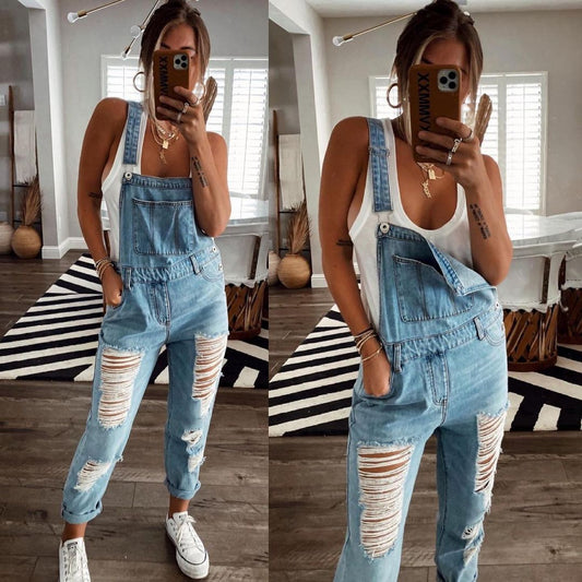 Women Fashion Casual Broken Denim Jumpsuits