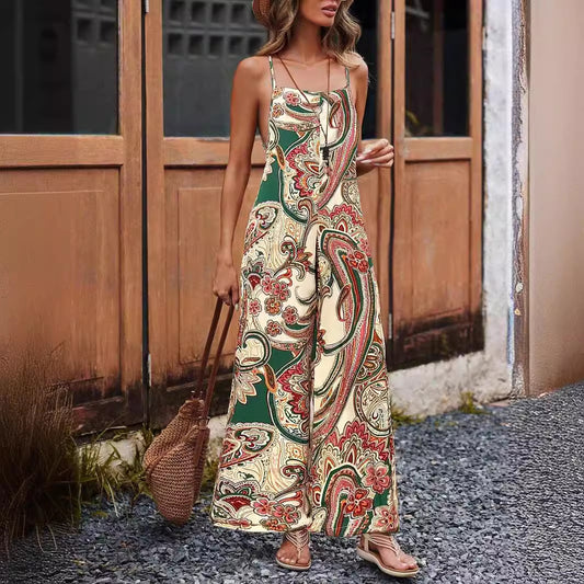 Women Casual Vacation Flower Printed Camisole Wide Leg Jumpsuits