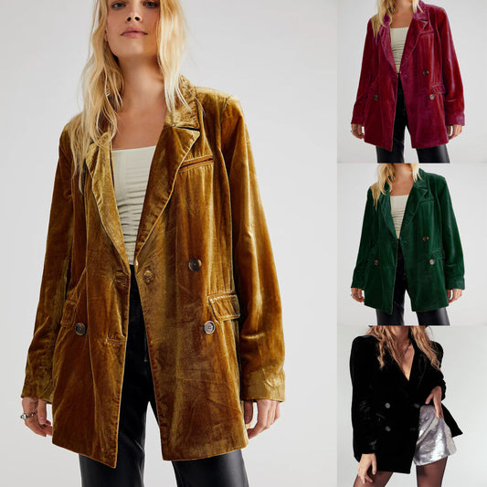 Chaqueta de traje de terciopelo dorado de color liso informal a la moda para mujer