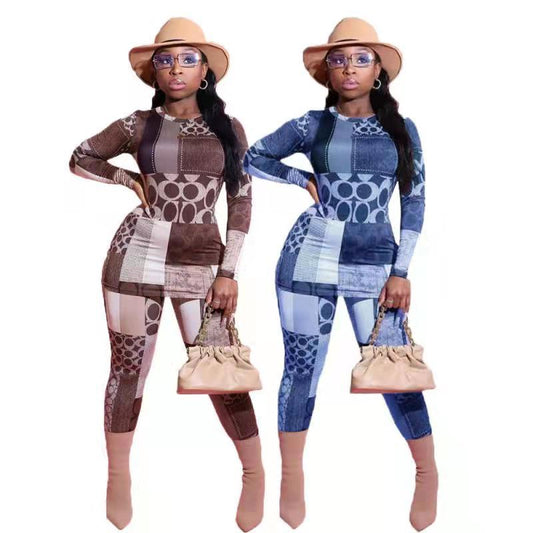 Conjunto de dos piezas con top ajustado de manga larga y estampado geométrico informal a la moda para mujer