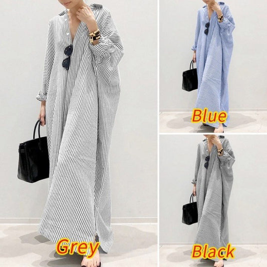 Women Fashion Casual Loose Stripe Cardigan Long Sleeve Maxi Dress