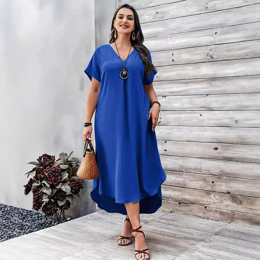 Spring And Summer Plus Size Women Fashion Casual V-Neck Dress