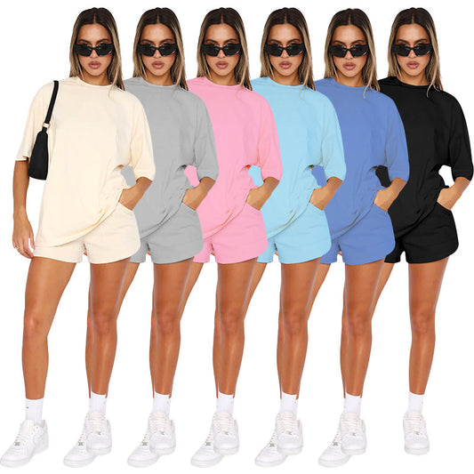 Conjunto de dos piezas de pantalones cortos de manga corta de color liso informal a la moda para mujer