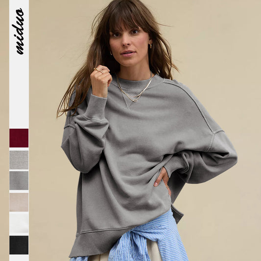 Summer Women Casual Solid Color Crewneck Long Sleeve Blank Sweatshirt