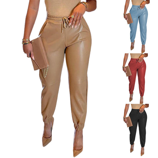 Women Solid Color PU Leather Drawstring Elastic Waist Casual Jogger Pants