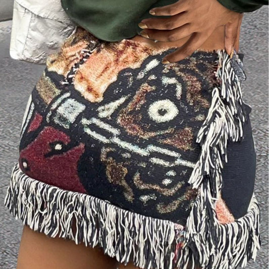 Falda de terciopelo con flecos y estampado gráfico multicolor de moda informal para mujer