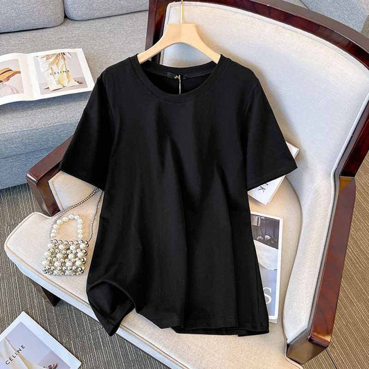 Camiseta informal de manga corta con cuello redondo y talla grande para mujer