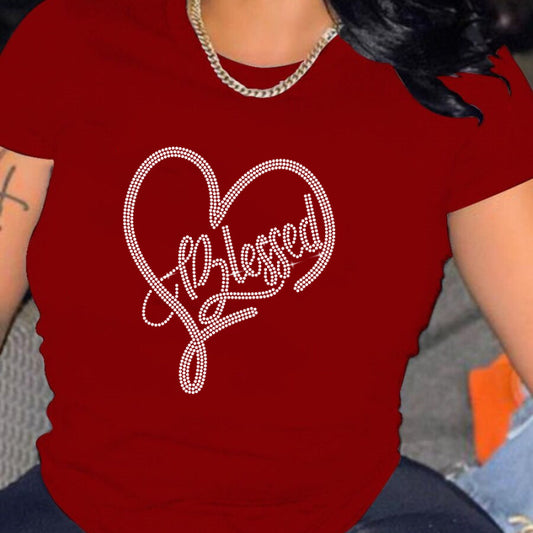 Camiseta informal holgada de talla grande para mujer, cuello redondo, manga corta, estampado de corazón de diamante