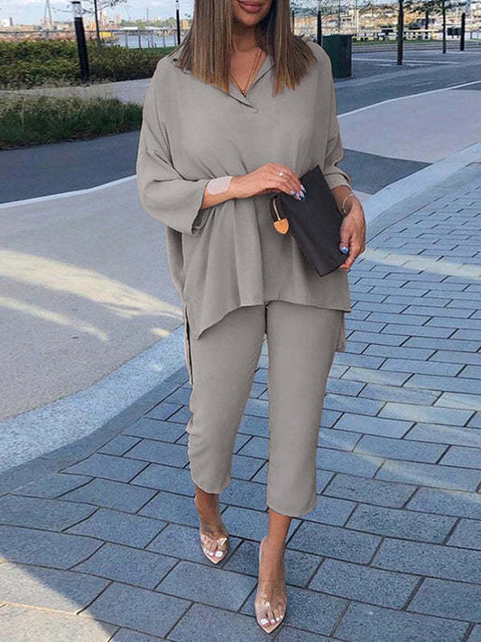 Conjunto de dos piezas de top y pantalón de manga larga con cintura elástica informal de algodón de color liso para mujer