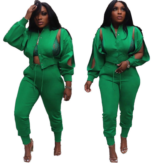 Conjunto de 2 piezas de blusa informal con cuello alto, manga larga, botonadura sencilla, abertura lateral, pantalones con cintura definida y cordones para mujer