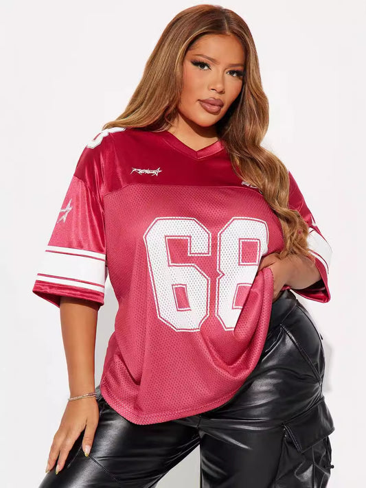 Women Fashion Casual Loose Patchwork Digital Print Short Sleeve V-Neck Jersey T-Shirt