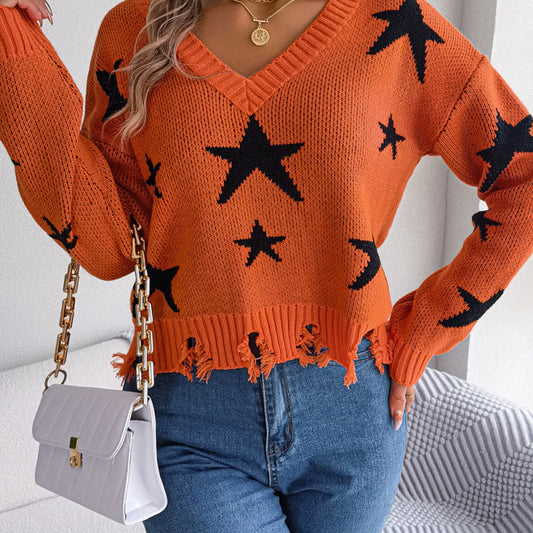 Autumn Winter Women Fashion Casual V-Neck Star Hole Long Sleeve Knitted Sweater