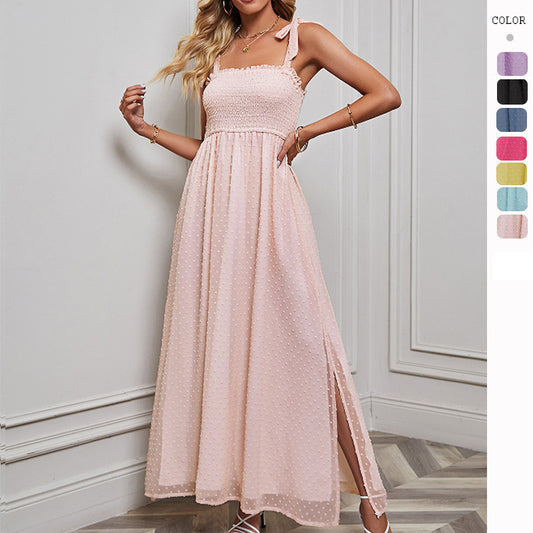 Vacation Women Casual Solid Color Gauze Double-Layer Side Split Maxi Dress