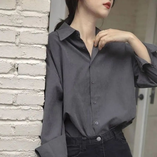 Women Fashion Office Casual Solid Color Long Sleeve Lapel Shirt Blouse