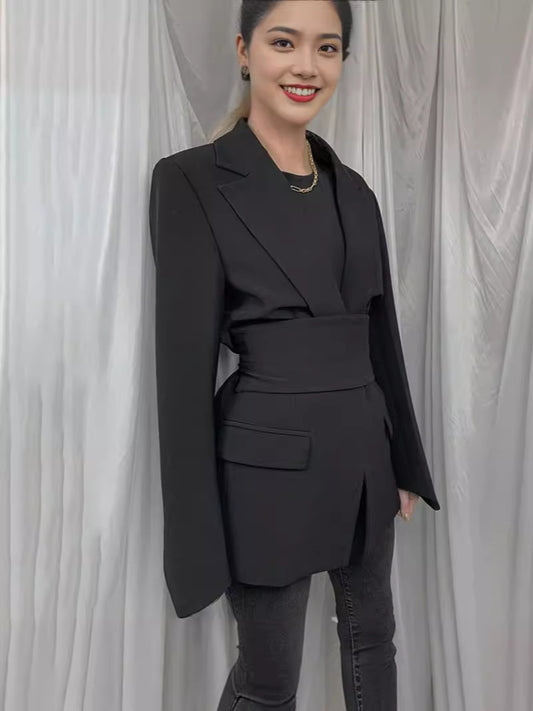 Blazer informal de manga larga con solapa y cordones para mujer, color liso, a la moda
