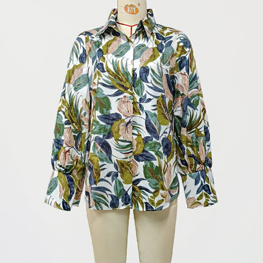 Blusa informal con estampado de plantas y mangas farol para mujer