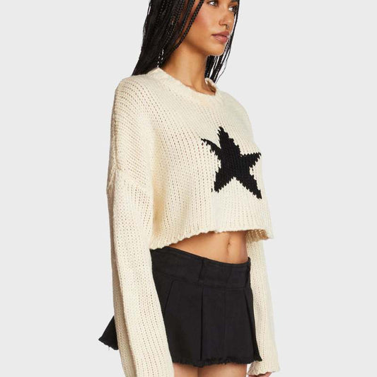 Top corto de manga larga de punto con estampado de estrellas y cuello redondo informal para mujer Otoño Invierno