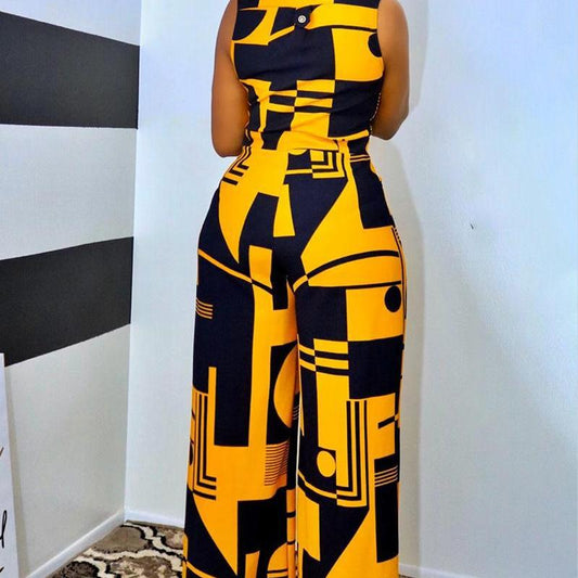 Women Casual Elegant V Neck Sleeveless Loose Color Blocking Single-Breasted Wide Legs Jumpsuits