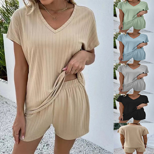 Conjunto de dos piezas de ropa de casa informal y acogedora de punto de color liso para mujer de verano