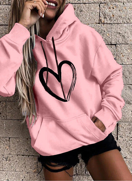 Sudadera básica informal con capucha y estampado de corazón para mujer, de manga larga