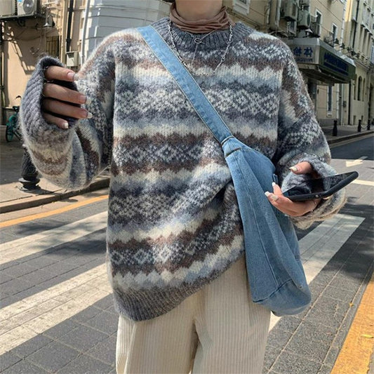 Loose Casual Rhomboid Jacquard Women Knitted Winter Autumn Sweater