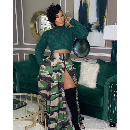 Falda de cintura elástica con abertura y cremallera con estampado de camuflaje informal para mujer