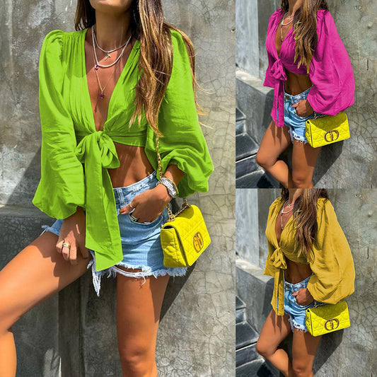 Blusa informal de manga larga con nudo para mujer, color liso, ideal para vacaciones