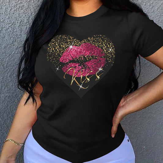 Camiseta informal holgada de algodón con cuello redondo, manga corta y estampado de corazón para mujer, talla grande
