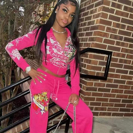 Conjunto de dos piezas de top y pantalón con cremallera y manga larga con estampado informal a la moda para mujer