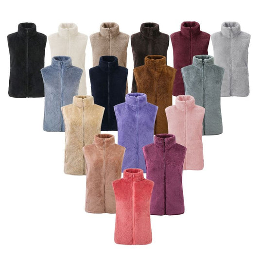 Women Casual Winter Fleece Solid Color Stand Collar Sleeveless Vest Plush Coat