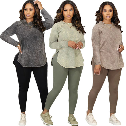 Conjunto de dos piezas de pantalones deportivos ajustados y top de manga larga informal a la moda para mujer