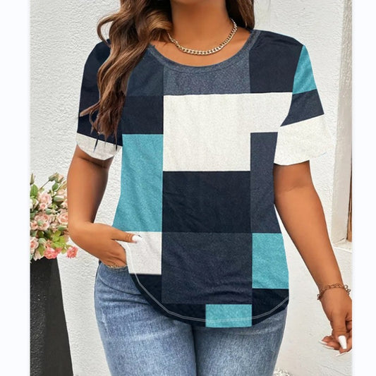 Camiseta informal de manga corta con cuello redondo y estampado cuadrado de talla grande para mujer