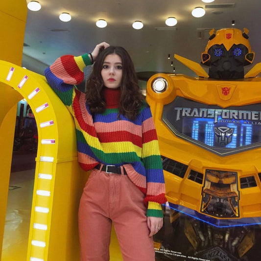 Women Fashion Casual Color Blocking Stripe High Collar Long Sleeve Sweater