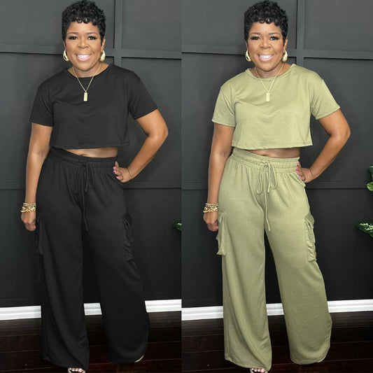 Women Casual Solid Color Round Neck Short-Sleeved Crop Top Drawstring Wide-Leg Pants Two-Piece Set