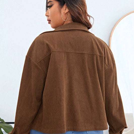Chaqueta informal de pana con solapa y botonadura sencilla para mujer, talla grande