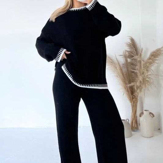 Casual Winter Fashion Solid Color Women Loose Knitted Sweater Pants Two-Piece Set