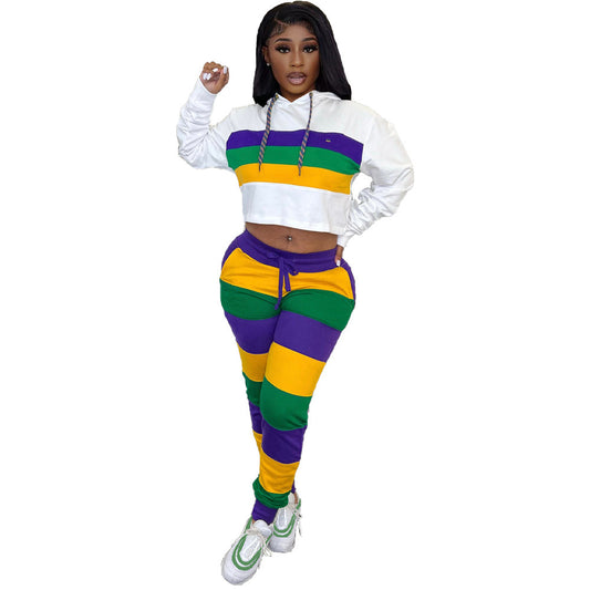 Women Fashion Casual Printed Stripe Loose Hooded Drawstring Tight Pants Two-Piece Set