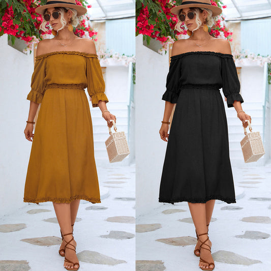 Fashion Vacation Spring And Summer Women'S Ruffled Off-Shoulder Casual Solid Color Midi Dress