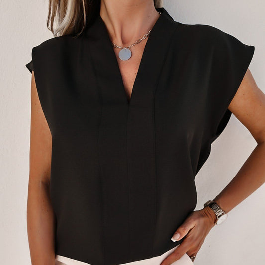 Blusa informal de color liso con cuello en V y mangas cortas para mujer