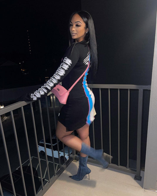 Fashion Women Summer Casual Letter Printing Stitching Contrast Color Long Sleeve Mini Dress