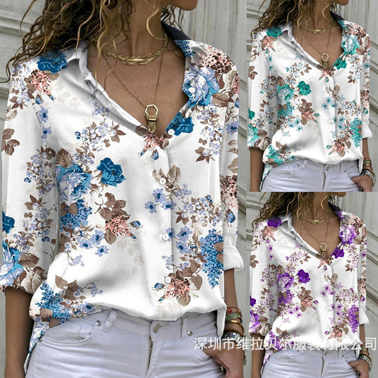 Fashion Casual Floral Print Women Long Sleeve Shirt Blouse