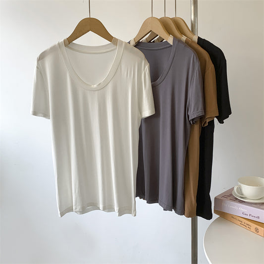Camiseta informal de verano para mujer, color liso, cuello en U, manga corta, sin mangas