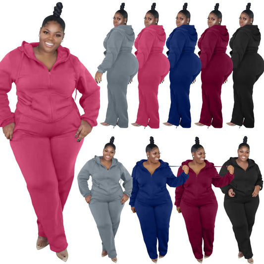 Women Casual Solid Color Plus Size Zipper Long Sleeve Hooded Sweatshirt Pants Two-Piece Set