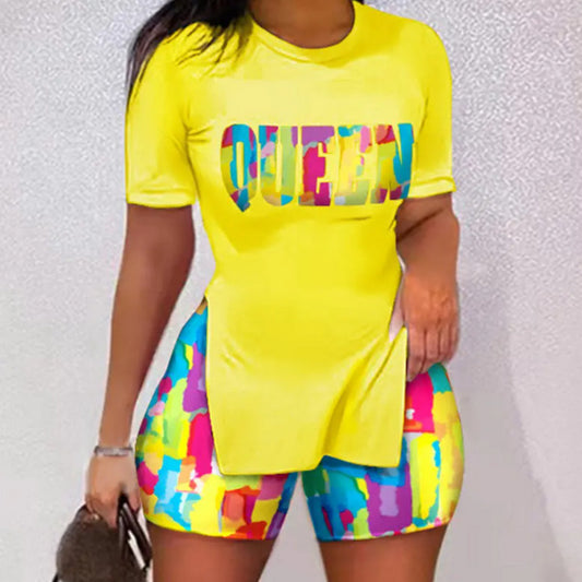 Conjunto de dos piezas de chándal informal para mujer, camiseta de manga corta con estampado de letras y pantalones cortos de motociclista.