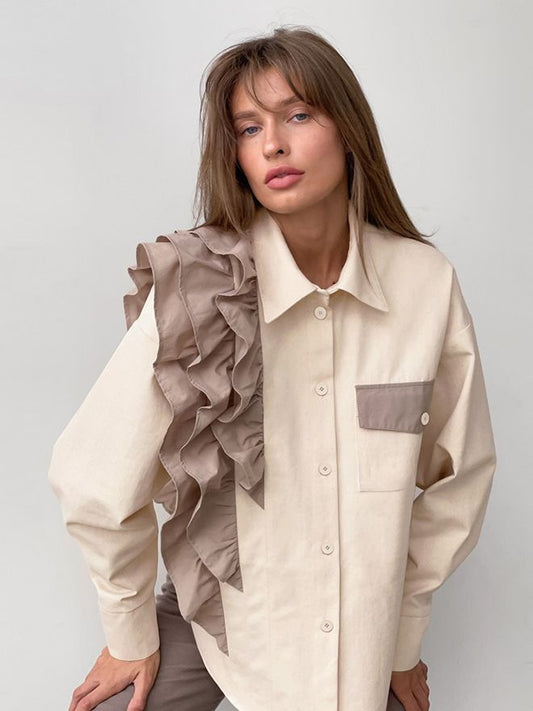 Fashion Office Women Unique Loose Contrast Color Ruffled Long Sleeve Casual Lapel Shirt Blouse