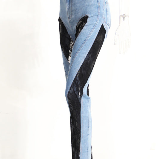 Vaqueros rectos de cintura alta con encaje y retazos informales a la moda para mujer